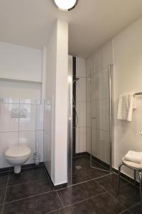 a bathroom with a toilet and a glass shower at Stadtwohnung 8 in Wyk auf Föhr