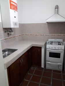 
a white stove top oven sitting next to a sink at Unsleben in Villa Carlos Paz
