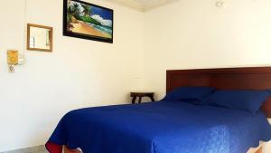 a bedroom with a blue bed and a picture on the wall at Casa amueblada - Mazatlán in Mazatlán
