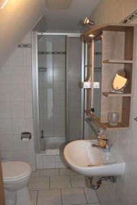 a bathroom with a sink and a shower and a toilet at Hotel Am Park in Pasewalk