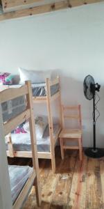a room with two bunk beds and a fan and a chair at Las zarinas 2 in Trapiche