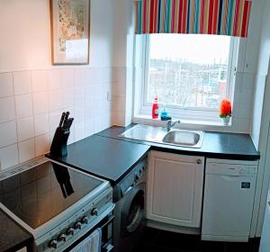 a kitchen with a sink and a stove and a window at Brookside 2BR Flat Oxford City Centre Free Parking in Oxford +22 photos