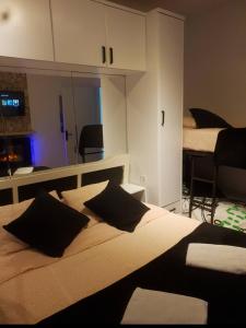 ロスピタレート・デ・リョブレガートにあるLuminosa habitación con aire acondicionadoのベッドルーム1室(大型ベッド1台、黒い枕付)