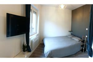 een slaapkamer met een bed en een flatscreen-tv bij STUDIO COSY - HYPERCENTRE - CALME - WIFI - TV in Toulouse