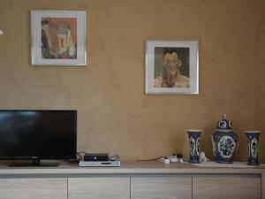 a living room with a television and paintings on the wall at Spacious villa in Piquecos with private pool in Piquecos