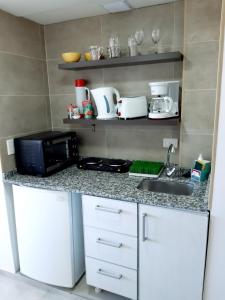 a kitchen counter with a microwave and a sink at Departamento en el centro de Bariloche NCC in San Carlos de Bariloche