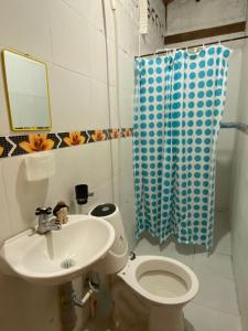 ein Badezimmer mit einem Waschbecken, einem WC und einem Spiegel in der Unterkunft Al lado del mar, Cabañas Polaris, Coveñas in Coveñas