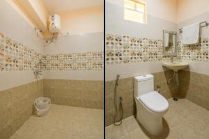 two pictures of a bathroom with a toilet and a sink at Hotel Siri Grand in Visakhapatnam