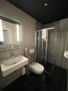 a bathroom with a toilet, sink, and shower at Hotel Restaurant Anno Nu in Oostkapelle