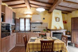 a kitchen with a table with chairs and a fireplace at Silvia in Roccalbegna