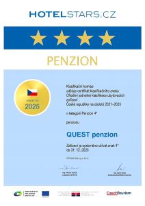 Certifikát, hodnocení, plakát nebo jiný dokument vystavený v ubytování Penzion Quest