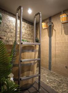 特雷比涅的住宿－Grad Sunca Resort，浴室内设有带金属架的淋浴