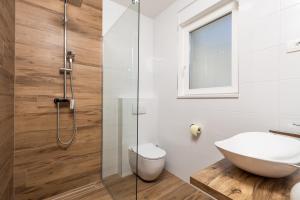 een badkamer met een douche, een toilet en een wastafel bij Villa Ines in Ičići