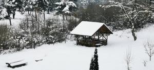 a gazebo covered in snow in a forest at HOTEL ALL TIMES in Timisul de Jos