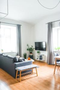 ein Wohnzimmer mit einem Sofa und einem Tisch in der Unterkunft Apartmán v centru in Šumperk