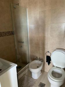 a bathroom with a shower and a toilet and a sink at Hermoso departamento un dormitorio in Santa Fe