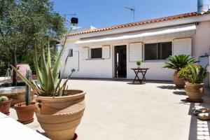 een huis met potplanten ervoor bij Beautiful Holiday House near the sea in Sissi