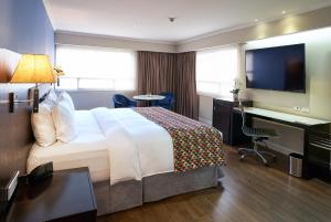 ein Hotelzimmer mit einem Bett, einem Schreibtisch und einem TV in der Unterkunft Oro Verde Guayaquil in Guayaquil