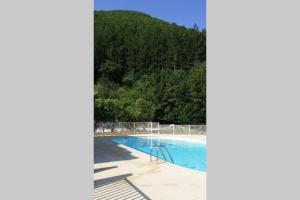 a swimming pool with a mountain in the background at Jolie T2 N°1 Résidence du Vallons des Sources in Digne-les-Bains