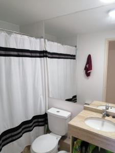 y baño con aseo, lavamanos y cortina de ducha. en DEPTO LAGUNA BAHIA MARINA, en Algarrobo