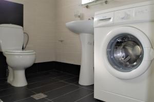 a bathroom with a washing machine and a toilet at Notos Villas in Frangokastello