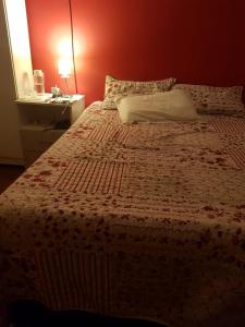 una camera con un grande letto con una parete rossa di QUARTO Jardim da Serra a Nova Petrópolis