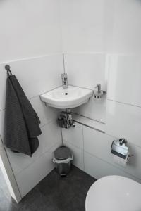 a white bathroom with a sink and a toilet at Neu gebautes Apartment mit Sonnenterasse in der Nähe vom Siebengebirge & Bonn in Königswinter