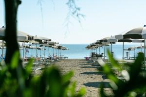 a beach with umbrellas and chairs and the ocean at Centro Vacanze Camping Spinnaker in Marina Palmense