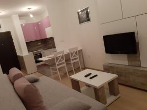 a living room with a couch and a table and a tv at Apartman Ladybug in Banja Luka