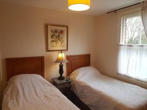 two beds in a bedroom with a lamp and a window at 69 ALBERT STREET in Saint Albans