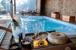 加沃拉诺Villino il Corbezzolo a "Casa Conti di Sotto"的一个带食品托盘和一瓶香槟的游泳池