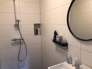 een badkamer met een douche, een spiegel en een wastafel bij Huisje Boompje Beerze in Beerze