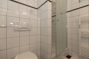 キュールングスボルンにあるHaus-Meeresblick-Wohnung-4-09-99の白いタイル張りのバスルーム(トイレ、シャワー付)
