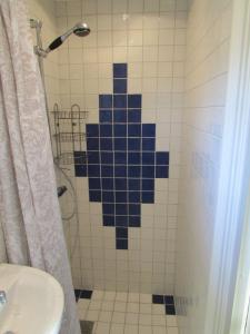 La salle de bains est pourvue d'une douche et d'un lavabo. dans l'établissement DeLay's Guest House, à Ängelholm
