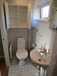 a bathroom with a toilet and a sink at DeLay's Guest House in Ängelholm