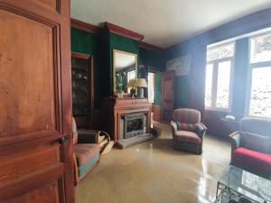 a living room with blue and green walls and a fireplace at Chateau de Bonnevaux in Villeneuve-de-Marc
