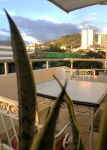 una mesa en un balcón con una planta en Hotel Riviera Plaza, en Bucaramanga