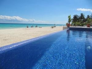 uma piscina ao lado de uma praia com o oceano em Casa Moskito em Playa del Carmen