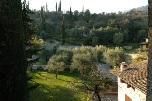 vistas a un jardín con árboles y a una casa en Albergo CAVALLINO 10 en Toscolano Maderno