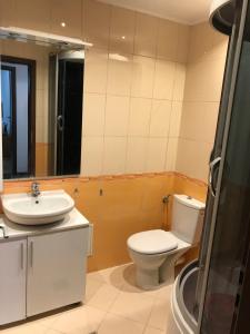 a bathroom with a toilet and a sink and a mirror at Ale Summer Suite in Mamaia +17 photos