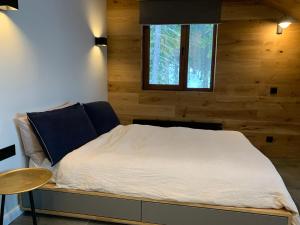 Ce lit se trouve dans un dortoir doté d'une table et d'une fenêtre. dans l'établissement Golden Box Pamporovo, à Pamporovo