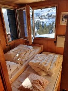 two bunk beds in a room with two windows at Chalet Alpina in Riederalp