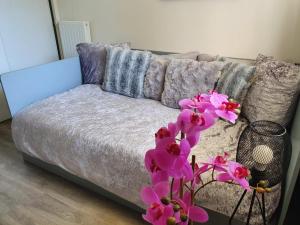 a couch with pink flowers in a living room at L IDEAL!, Cosynestdunkerque in Dunkerque