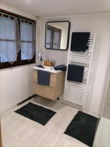 a bathroom in an rv with a sink and mirrors at Gîtes aux cœurs des vignes a 10mm du zoo de beauval 3 étoiles in Mareuil-sur-Cher