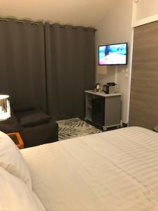 Habitación de hotel con cama y TV de pantalla plana. en LA PASSIFLORE en La Londe-les-Maures