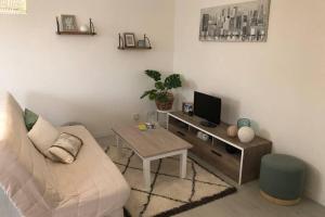 a living room with a couch and a table at Appartement cosy avec jardin à Blagnac. in Blagnac