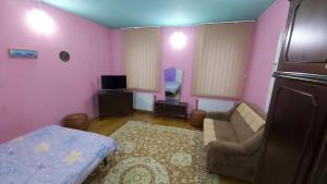 uma sala de estar com paredes cor-de-rosa e um sofá e uma televisão em Brasov - Centrul Vechi em Brasov