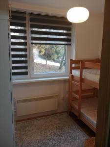 a bedroom with a window and a bunk bed at Small (34m2) modern apartment with parking place in Sarajevo