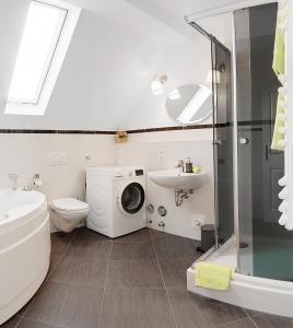 La salle de bains est pourvue d'un lave-linge et d'un lavabo. dans l'établissement Ferienwohnung Julia, à Suhl