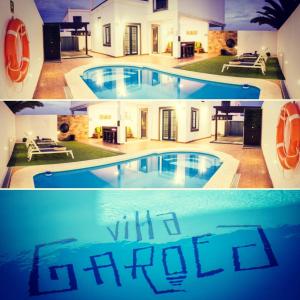 un collage de dos fotos de una casa y una piscina en Villa Garoed, en Playa Blanca